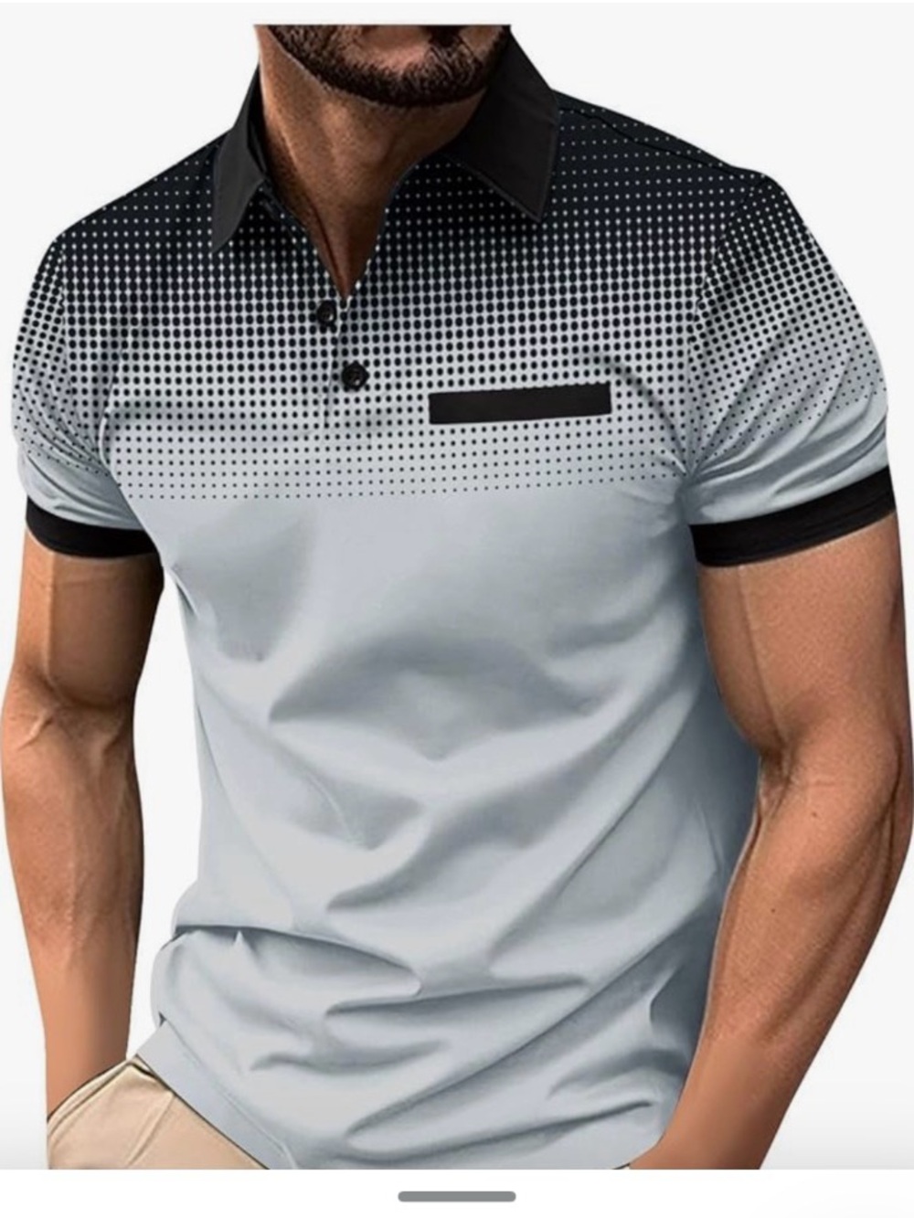 Men's Light Gray Polo with Black Dot Accent button lapel collar golf tee 1172